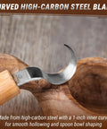 Left Handed Hook Whittling Knife Cut From Heavy Duty Carbon Steel For Easy Bowl And Kuksa Turning close-up of curved blade with wooden handle.