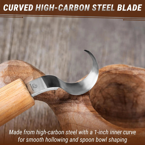 Left Handed Hook Whittling Knife Cut From Heavy Duty Carbon Steel For Easy Bowl And Kuksa Turning close-up of curved blade with wooden handle.