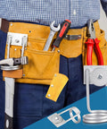 Man wearing tool belt with Two Pack Aluminum Scaffold Tool Holder For Ratchets And Hammers, Lightweight Durable Job Site Organizer