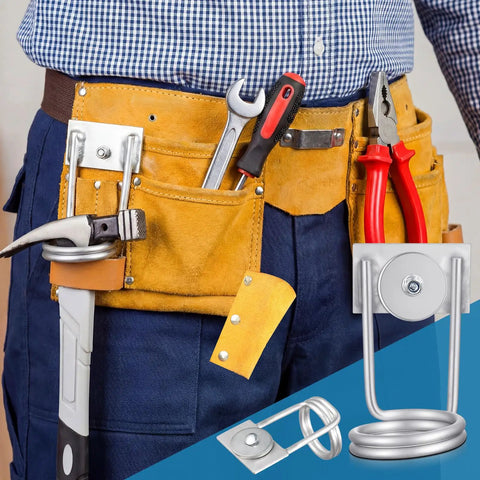 Man wearing tool belt with Two Pack Aluminum Scaffold Tool Holder For Ratchets And Hammers, Lightweight Durable Job Site Organizer