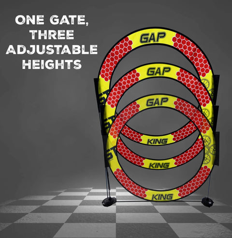 Drone Obstacle Course Kit For FPV Racing And Model Aircraft with pro race hoop set, adjustable loop gate heights, on checkered floor.
