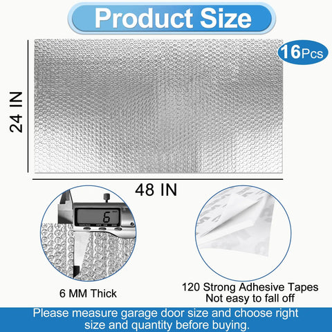 Top Shelf Garage Door Insulation Kit Hella Thick Double Bubble Reflective Heat Barrier With Loads Of Kickass Adhesive Tapes For 16 Piece 24x48 Weather Resistant Walls, showing size dimensions and thickness.