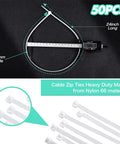 Heavy Duty Zip Ties 50 Pack 24 Inch Nylon Cable Ties For Outdoor Use Industrial Strength White Tie Wraps shown with measurements