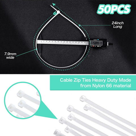 Heavy Duty Zip Ties 50 Pack 24 Inch Nylon Cable Ties For Outdoor Use Industrial Strength White Tie Wraps shown with measurements