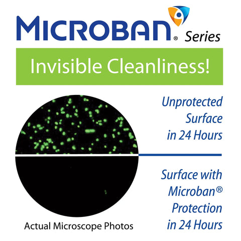 Comparison of surfaces with and without Microban protection showing invisible cleanliness under microscope.