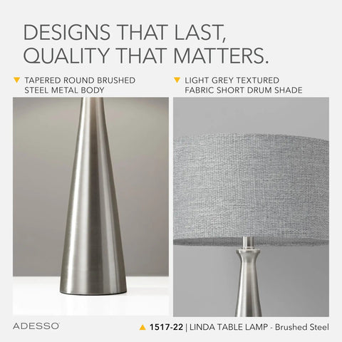 Linda 21.5 Inch Table Lamp In Brushed Steel With Light Gray Textured Fabric Shade close-up on steel body and shade