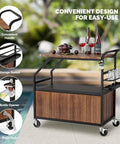 Outdoor patio cooler with built-in table, bottle opener, drainage, and wheels for deck or poolside use, keeps bevs cold 48h.