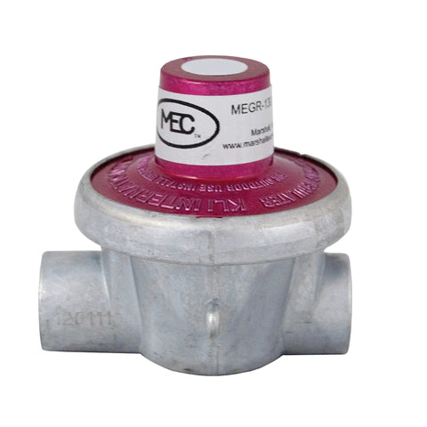 LP gas regulator MEC MEGR-130-30, pink cap, aluminum body, compact high-pressure design.