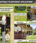 Hella Tough Double Action Barn Gate Latch Kit With Built In Padlock Eye For Round Pipe Metal Fencing Plus Complete Mounting Hardware In Corrosion Resistant Black Zinc Coating shown on a gate with images of various applications.
