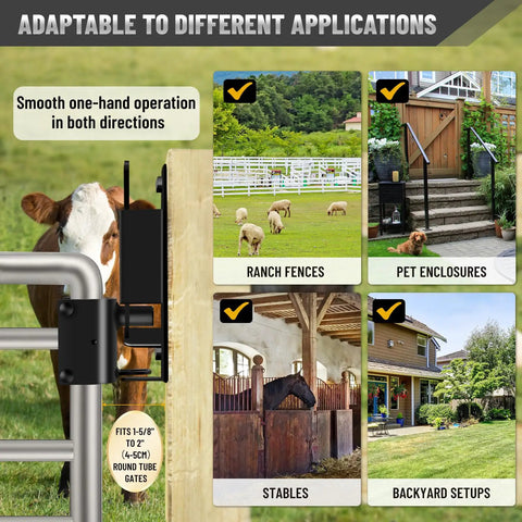 Hella Tough Double Action Barn Gate Latch Kit With Built In Padlock Eye For Round Pipe Metal Fencing Plus Complete Mounting Hardware In Corrosion Resistant Black Zinc Coating shown on a gate with images of various applications.
