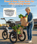 Woman with groceries near Powerful 1200W Folding Trike Ebike With 499Wh Removable Battery For Adults, Step Through Three Wheel Electric Bicycle.
