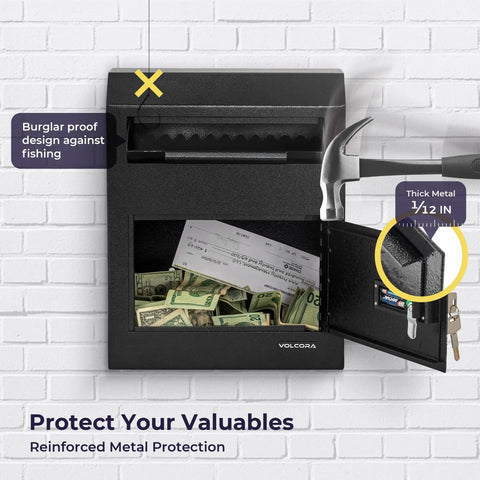Drop Safe Box With Lock And Digital Keypad, Wall Mounted Cash Drop Box For Business, Secure Depository Safe With Slot, shown open with cash and documents inside