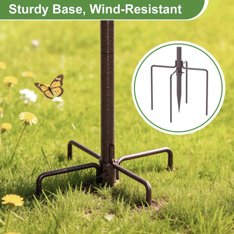 Sturdy base of 94 Inch Garden Bird Feeding Station Kit with Heavy Duty Metal Squirrel Baffle and ground-mounted design in yard.