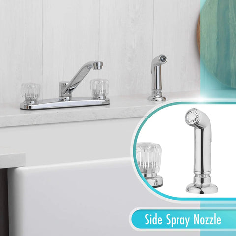 Two Handle Kitchen Faucet With Side Spray In Polished Chrome For Easy Control And Quick Cleanup Durable Brass Construction Sleek Round Knobs