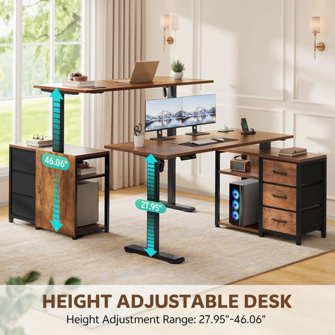 47 Inch L Shaped Standing Desk With 3 Drawers, Electric Height Adjustable, Built In Power Outlets, 4 Memory Presets