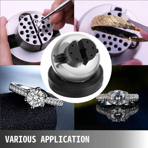 Badass 5 Inch Ball Vise With 360 Degree Swivel Head And 34 Piece Jewelry Setting Attachments, showing various applications in jewelry work.
