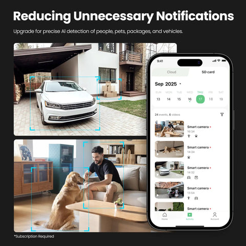 2K Indoor Outdoor Security Camera With Color Night Vision, AI Detection showing car, person, dog, and smartphone interface