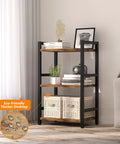 Three Tier Narrow Bookshelf With Heavy Duty Steel Frame Rustic Brown Bookcase Storage Organizer For Living Room Home Office Display Rack with decor and plants.