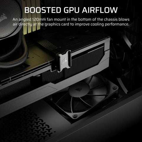 Interior view of 3200D RS Mid Tower PC Case with 3 RS120 PWM Fans included, showcasing GPU anti-sag arm and enhanced airflow design.