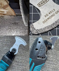 Diamond Grout Multitool Blade Set For Grout Removal, 3 Pack, shown on oscillating tool, close-up of diamond grit edge