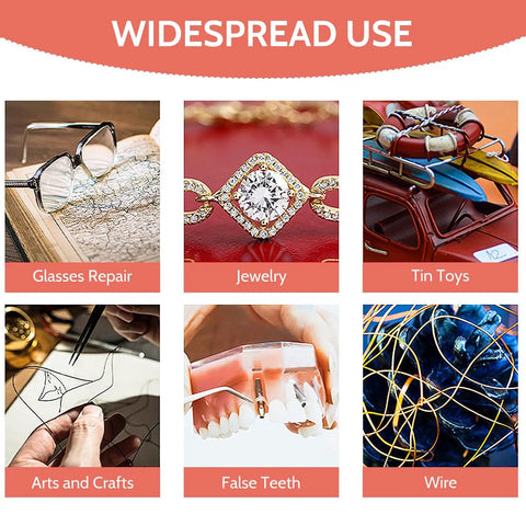 Image showing diverse uses of spot welders for glasses repair, jewelry making, tin toys, arts and crafts, false teeth, and wire.