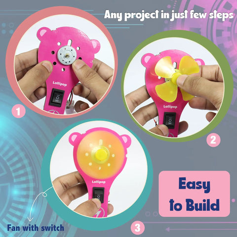 Over 100 STEM Projects Kit For Girls Ages 8 To 12 Mini Engineering Set displaying easy-to-build fan project with button switch.