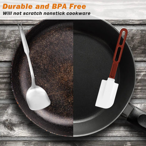 Comparison of worn metal spatula and High Temp Silicone Spatulas Set Of 2 10 Inch Heat Resistant Nonstick Spatula Scrapers With Nylon Handles NSF Certified Kitchen Must Haves For Cooking And Baking.
