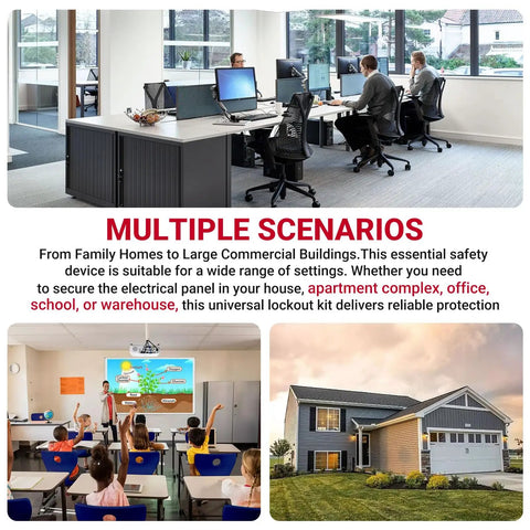Collage showing multiple scenarios for using a Fire Alarm Breaker Lockout Kit: office, classroom, house, and warehouse environments.