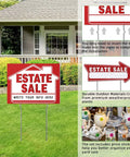 Estate Sale Signs Kit With Double Sided Arrows And Metal Stakes Includes Large And Small Signs Neon Fluorescent Pricing Stickers And SelfAdhesive Labels Go-To Yard Sale Directional Signage For Quick Customer Traffic. Red estate sale yard sign with metal stakes and price stickers