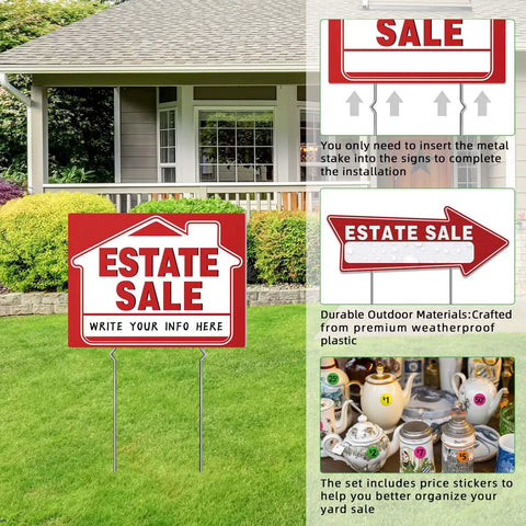 Estate Sale Signs Kit With Double Sided Arrows And Metal Stakes Includes Large And Small Signs Neon Fluorescent Pricing Stickers And SelfAdhesive Labels Go-To Yard Sale Directional Signage For Quick Customer Traffic. Red estate sale yard sign with metal stakes and price stickers