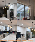 Farmhouse Vibe 5 Light Pendant Light For Kitchen Island Black Finish With Clear Glass Shades installed in modern kitchen