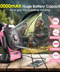 Go To Portable 20000mAh Rechargeable Fan With LED Lantern outdoors by tent with USB-C cord, pink and black design