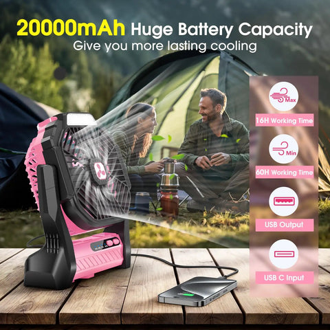 Go To Portable 20000mAh Rechargeable Fan With LED Lantern outdoors by tent with USB-C cord, pink and black design
