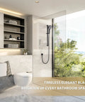 Bathroom with Matte Black Shower Kit With Slide Bar And Handheld Shower Head Brass Hose Adjustable Holder High Pressure Water Flow.