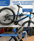 Wall Mount Bike Repair Stand For Road And Mountain Bikes, Beefy Adjustable Clamp installed on wall and workbench, blue color