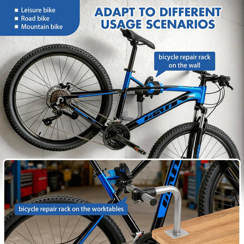 Wall Mount Bike Repair Stand For Road And Mountain Bikes, Beefy Adjustable Clamp installed on wall and workbench, blue color