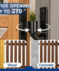 Beefy 6mm Steel Heavy Duty Gate Hinges Two-Pack, 600Lb Per Pair, showing wide 270° opening with wood and concrete mount options.