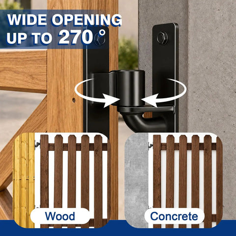 Beefy 6mm Steel Heavy Duty Gate Hinges Two-Pack, 600Lb Per Pair, showing wide 270° opening with wood and concrete mount options.