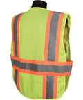High Vis Legit Class Two Breakaway Safety Vest With Tough Mesh Fabric And No Sweat Side Closures For Serious Job Site Comfort And Bold Dual Reflective Striping Coverage, back view with orange and gray reflective stripes.