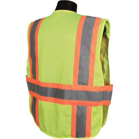High Vis Legit Class Two Breakaway Safety Vest With Tough Mesh Fabric And No Sweat Side Closures For Serious Job Site Comfort And Bold Dual Reflective Striping Coverage, back view with orange and gray reflective stripes.