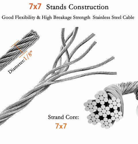 Diagram of 7x7 strand construction of 1/8 Inch Stainless Steel Wire Rope Cable Kit 100 Ft Long showing core and flexibility features.