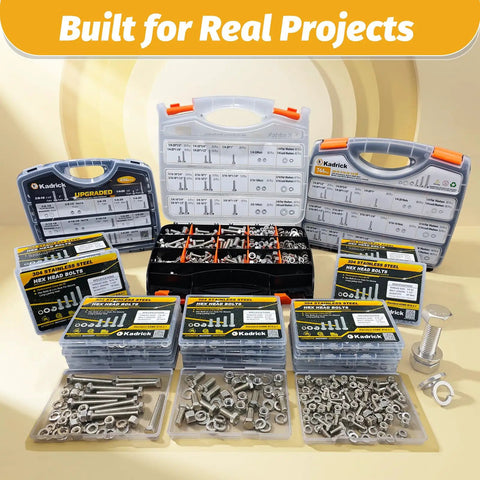 Built Like Iron 456 Piece Stainless Steel Bolt And Nut Assortment Kit showcases organized heavy-duty fasteners in storage cases.
