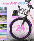 Front tire of 24 Inch Electric Bike For Adults With Peak 1000W Motor Up To 28 MPH 48V 13Ah Removable Battery Up To 75 Miles Step Through City Cruiser Ebike with anti-slip feature