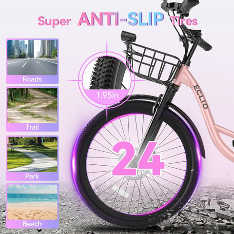 Front tire of 24 Inch Electric Bike For Adults With Peak 1000W Motor Up To 28 MPH 48V 13Ah Removable Battery Up To 75 Miles Step Through City Cruiser Ebike with anti-slip feature