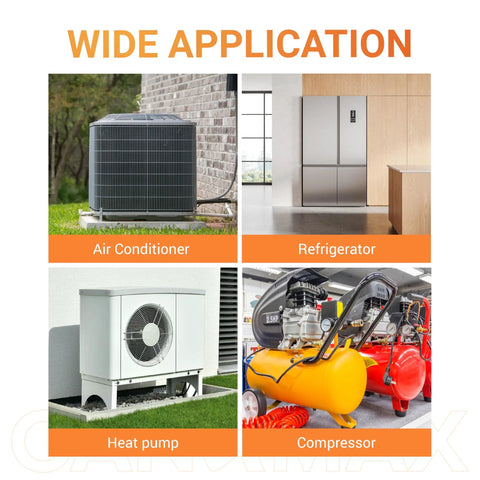 Image showing four applications of the Beefy 88 To 108uF 330V Round Motor Start Capacitor: air conditioner, refrigerator, heat pump, compressor.