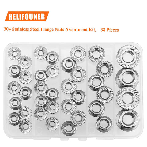 Top Drawer 304 Stainless Steel Flange Nuts Assortment Kit 38 Piece Set loaded with serrated hex lock nuts displayed in a clear organizer.