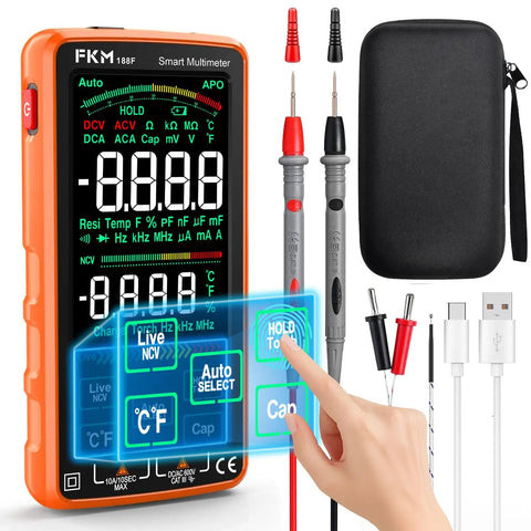 Compact Digital Multimeter Tester With 5 Inch Touch Screen Auto Ranging TRMS 6000 Counts display, probes, case