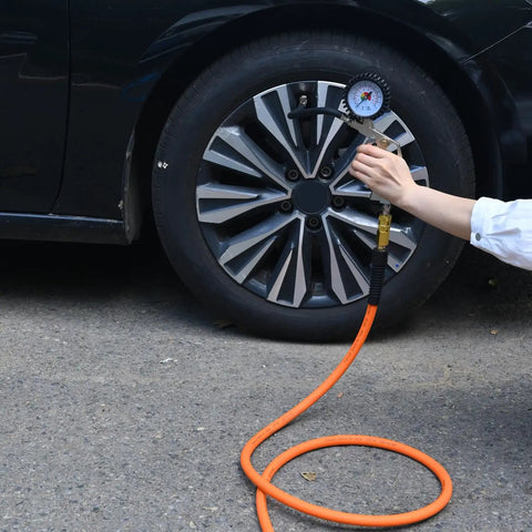 Three Eighths Inch By Twenty Five Foot Braided Air Hose For Air Compressors Flexible Heavy Duty Pneumatic Hose With Quick Connect Fittings Leak Free 300 PSI For Garage Shop Automotive Use inflating car tire