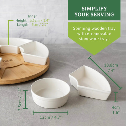 Top Shelf Large Round Ceramic Taco Lazy Susan Rotating Serving Tray With Six Heavy Duty Bowls showing measurements and design details.