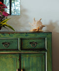 Antique Bronze Ring Pull Handles Set Of 8 With Ornate Backplates For Furniture Restoration shown on green vintage cabinet
